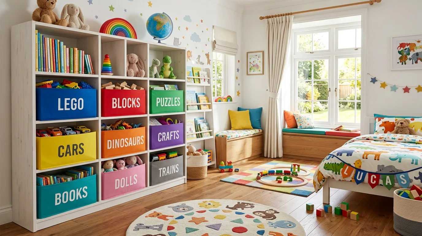 Kids room organized with colorful labeled toy bins